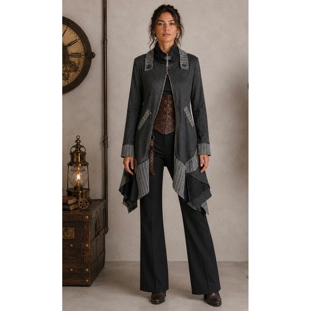 Dzhavael Couture  Black Gray Fitted Long Jacket  Front Zip steampunk Small